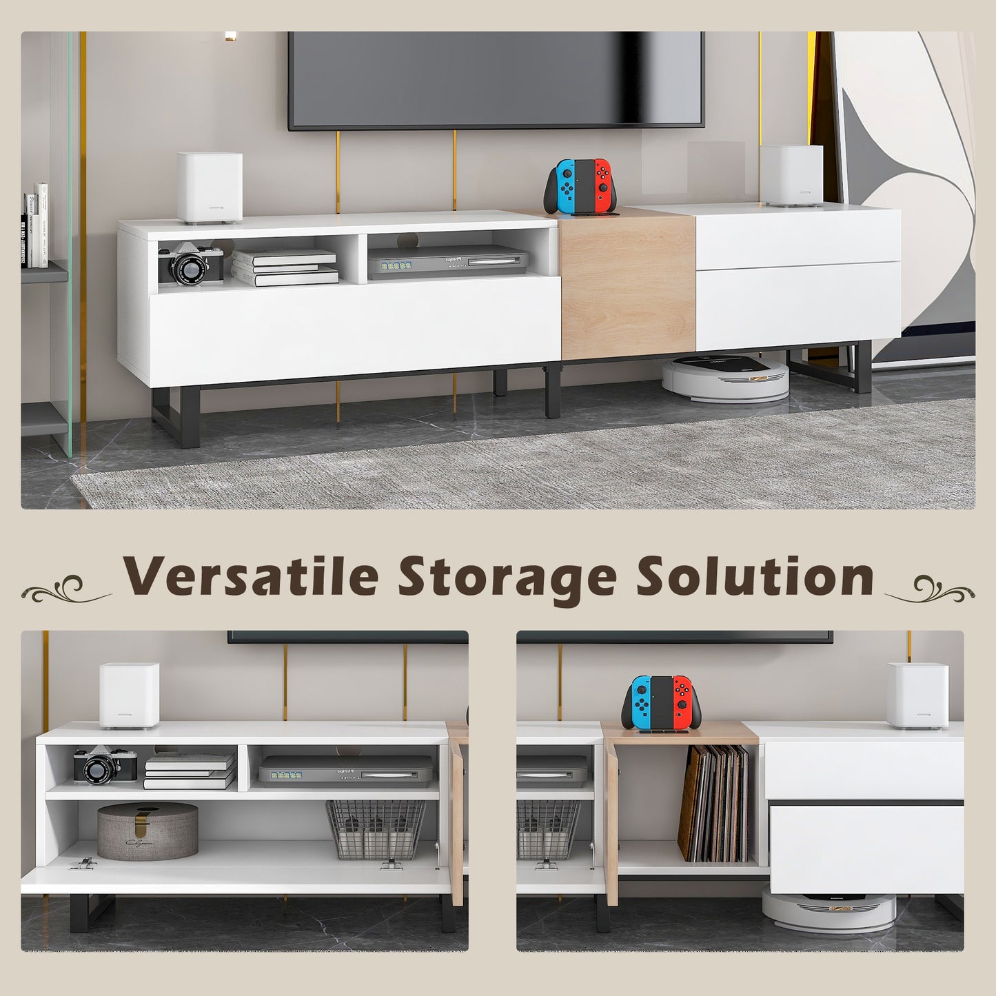 Modern TV Stand for 80'' TV with Double Storage Space Media Console Table Entertainment Center with Drop Down Door