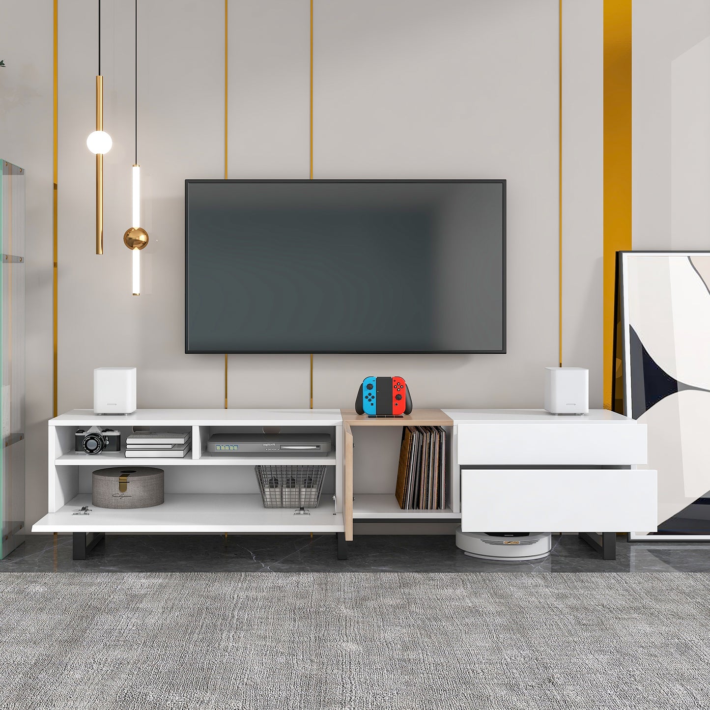 Modern TV Stand for 80'' TV with Double Storage Space Media Console Table Entertainment Center with Drop Down Door