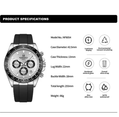 NAVIFORCE NF8054 Original Watches For Men Silicone Band Casual Sport Chronograph Luminous Wristwatch